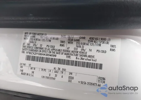 2017 Ford Transit-350 Xl из США, поврежденный, VIN 1FBZX2YG6HKB54099